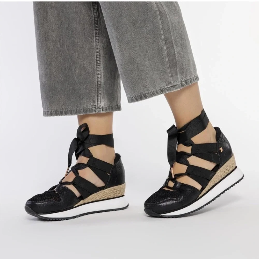 Gioseppo Black Sport Wedge Sneakers with Ribbon Straps Sizes 7.5 & 9.5